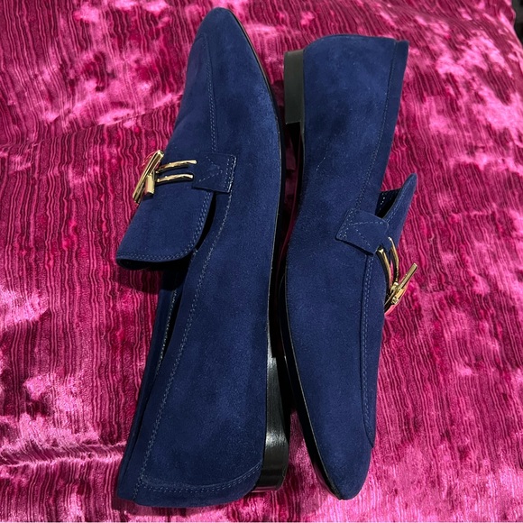 LOUIS VUITTON Authentic Ladies Blue Suede Logo Loafers Brass LV new not worn 41 - Picture 5 of 8